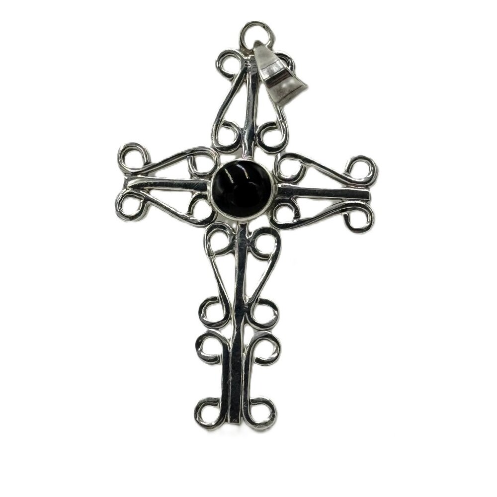 Vintage Sterling Silver Cross Pendant with Black Onyx Center  | Mexico